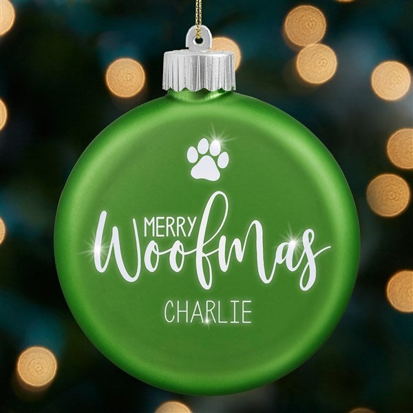 Merry Woofmas Personalized Dog LED Green Glass Ornament