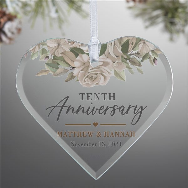 Floral Anniversary Personalized Heart Glass Ornament  - 37339