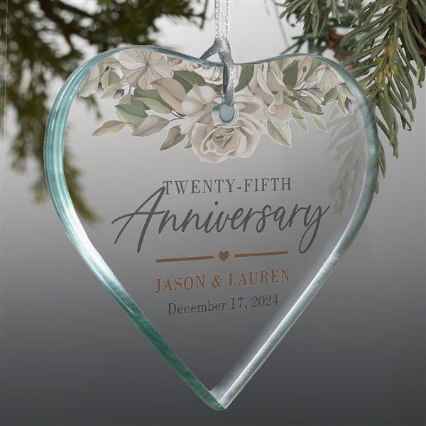 Floral Anniversary Personalized Heart Glass Ornament  - 37339