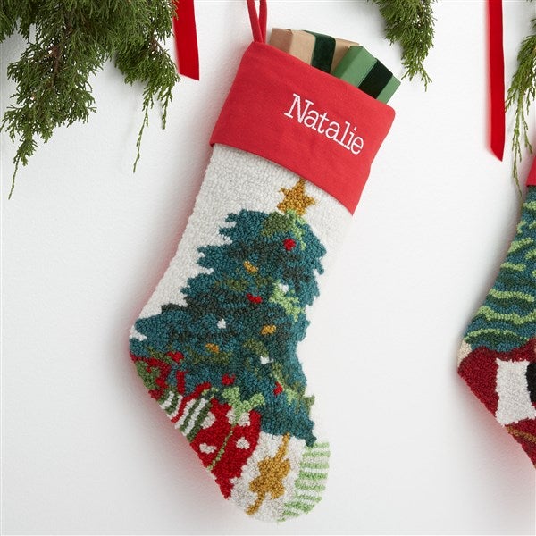 Classic Tree Embroidered Hooked Christmas Stocking — free download