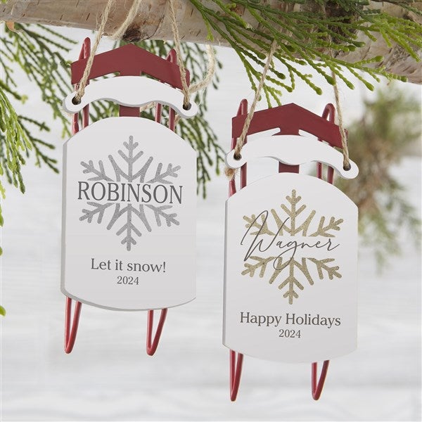 Silver & Gold Snowflake Personalized Vintage Sled Ornament  - 37608