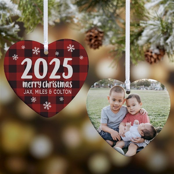 Buffalo Plaid Family Personalized Year Heart Ornament  - 37783