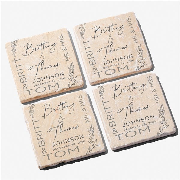 Elegant Couple Personalized Wedding Tumbled Stone Coaster Set  - 37823