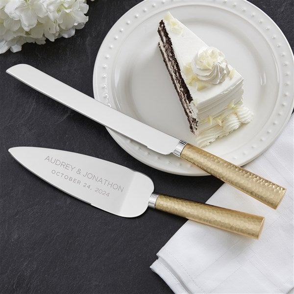 Elegant Couple Engraved Cake Knife & Server Gold Set  - 37841