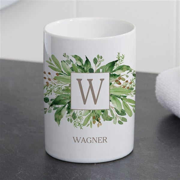 Personalized Ceramic Bathroom Cup - Spring Greenery Monogram - 38072