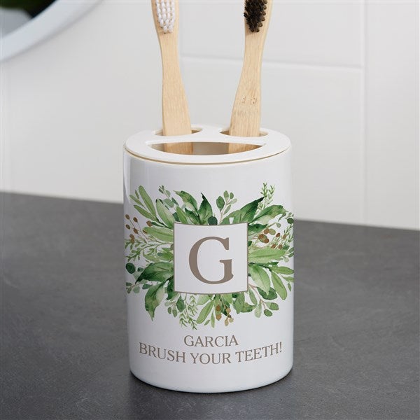 Personalized Ceramic Toothbrush Holder - Spring Greenery Monogram - 38102
