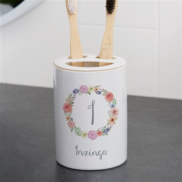 Personalized Ceramic Toothbrush Holder - Floral Wreath - 38103