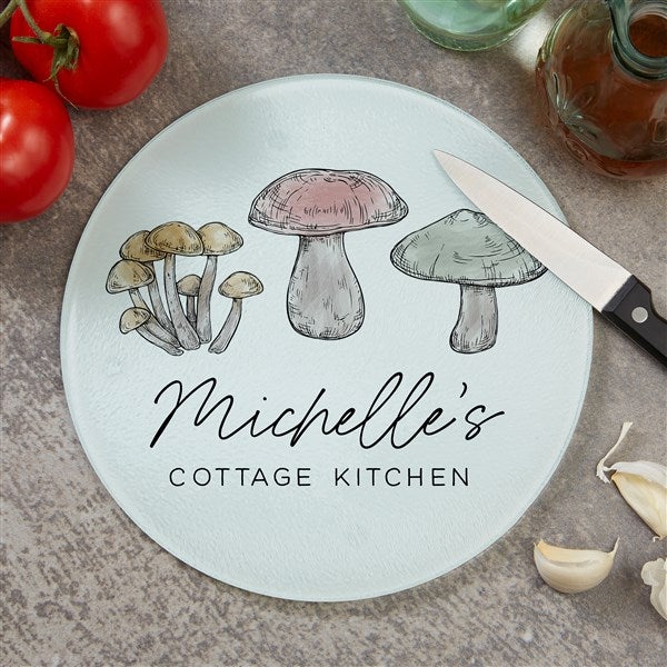 Personalized Round Glass Cutting Boards - Cottagecore Mushrooms - 38174