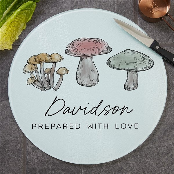 Personalized Round Glass Cutting Boards - Cottagecore Mushrooms - 38174