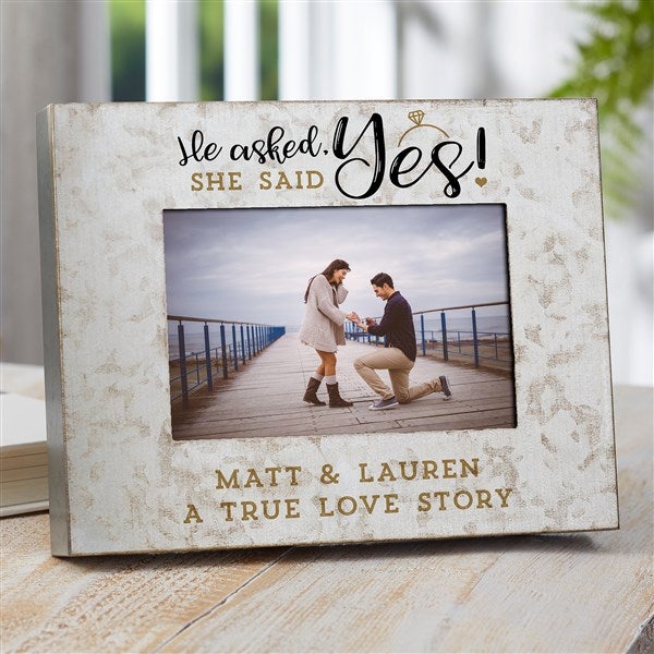 He Asked, She Said Yes Personalized Engagement Galvanized Metal Picture Frame  - 38178