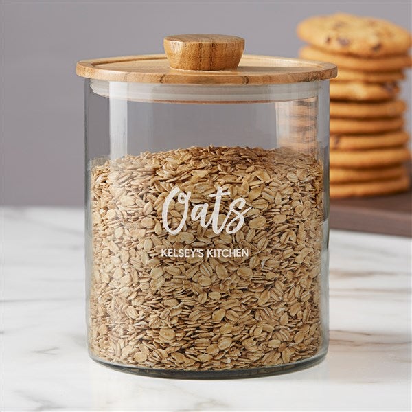 Seasonally Script Personalized Glass Container with Acacia Lid-Large