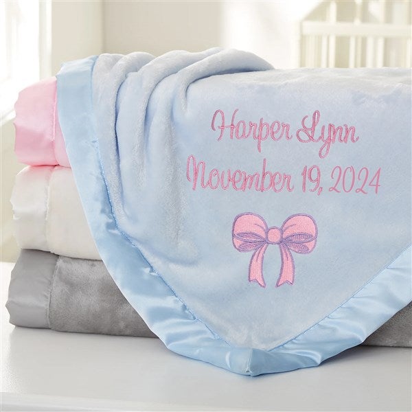 Baby Bow Embroidered Satin Trim Baby Blanket  - 38297