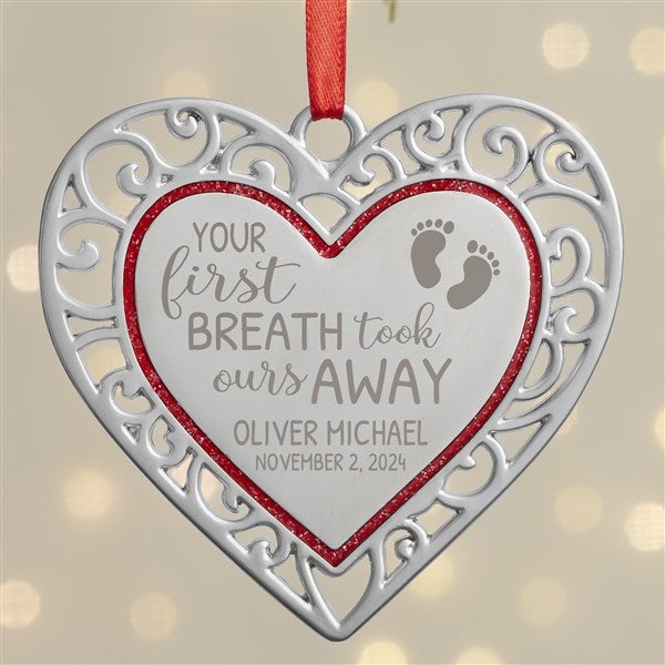 Your First Breath Personalized Silver Heart Ornament  - 38395