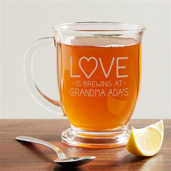Love is Brewing Personalized Glass Coffee Mug