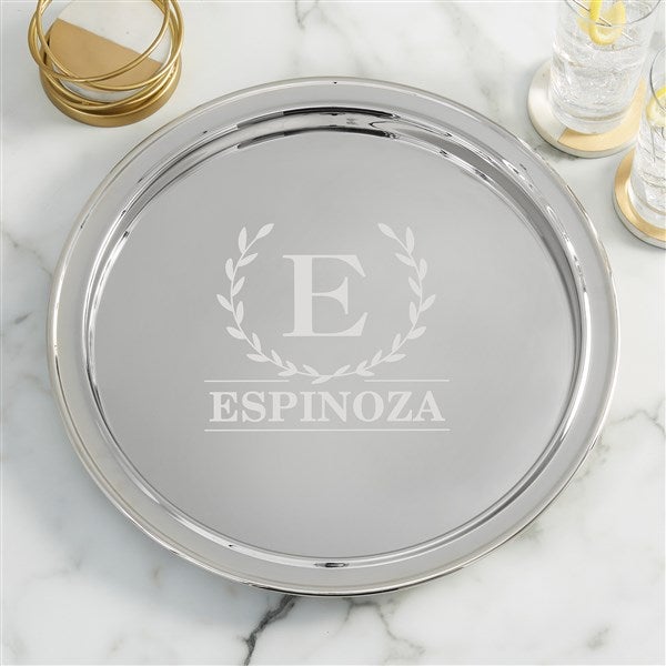 Laurel Wreath Personalized Round Silver Tray  - 38634