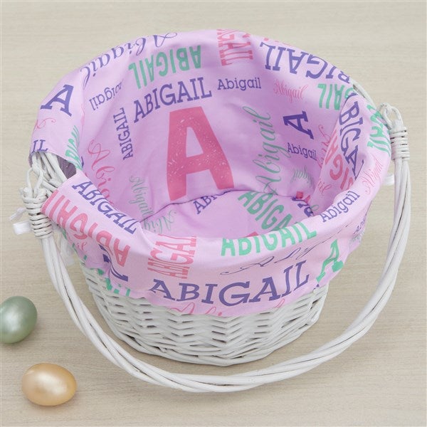 Repeating Name Personalized Easter White Basket with Folding Handle