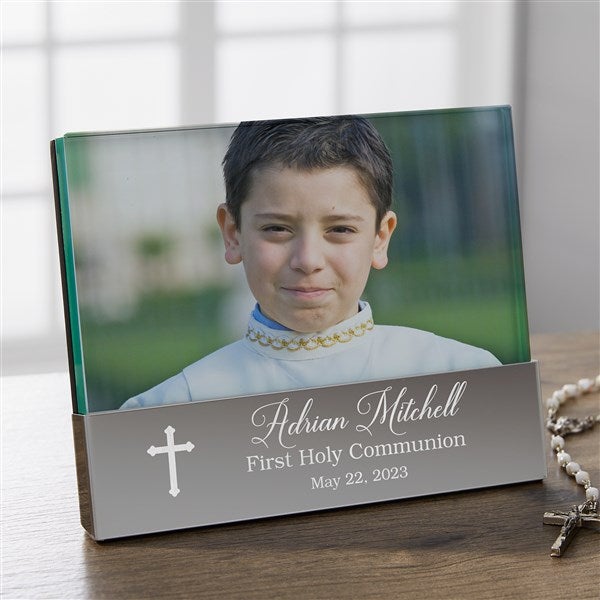 Communion Cross Engraved Glass Block Picture Frame  - 40264