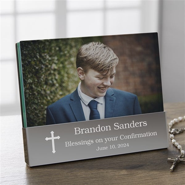 Engraved Glass Block Picture Frame Confirmation Cross