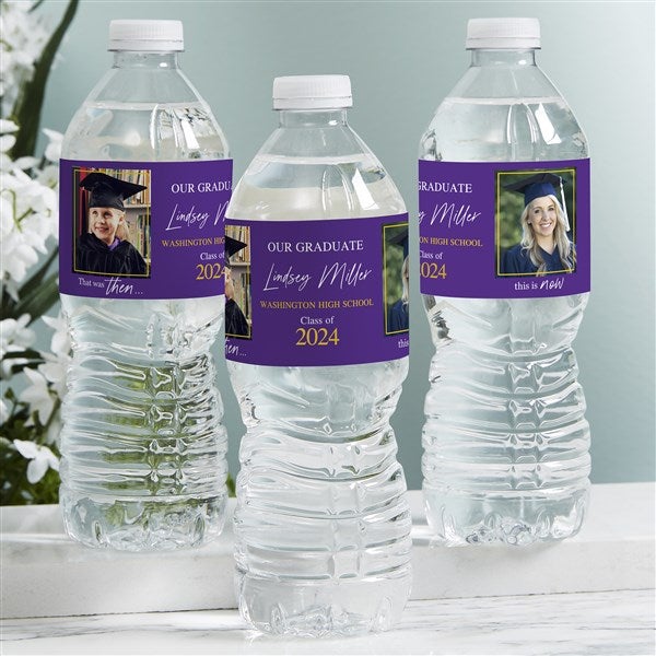 Then & Now Graduate Personalized Photo Water Bottle Labels  - 40543
