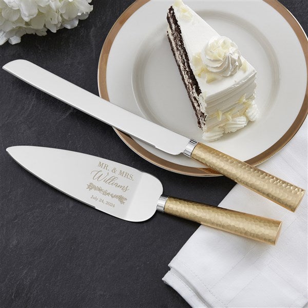 Laurels Of Love Engraved Cake Knife & Server Gold Hammered Set  - 40552
