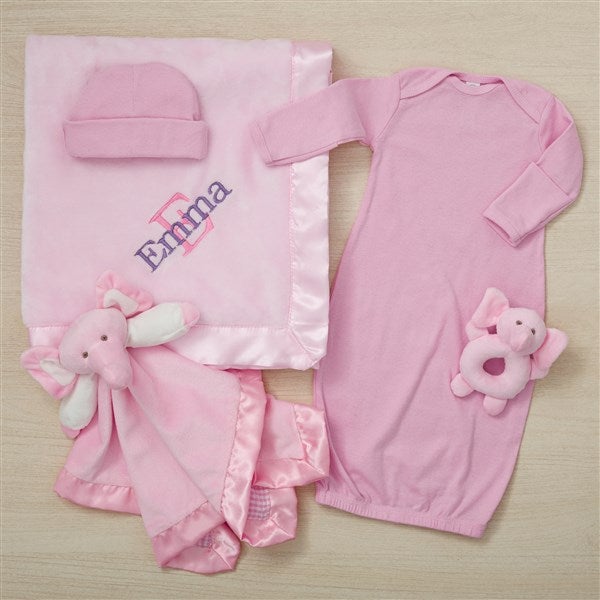 Embroidered Satin Trim Pink Baby Blanket with Clothes Set