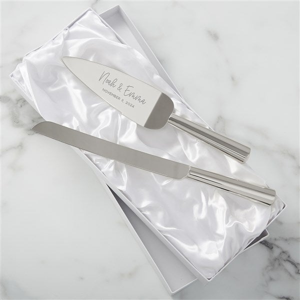 Modern Engraved Silver Cake Knife & Server Set
