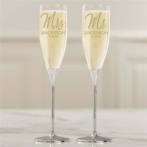 Personalized Silver Wedding Flute Set - Stamped Elegance - 41206