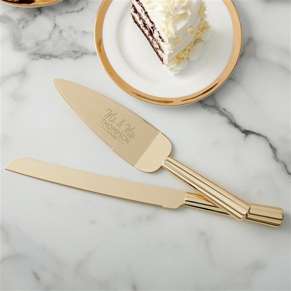 Stamped Elegance Engraved Gold Cake Knife & Server Set  - 41209