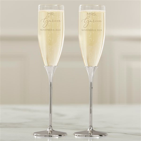 Personalized Silver Wedding Flute Set - Elegant Couple - 41215