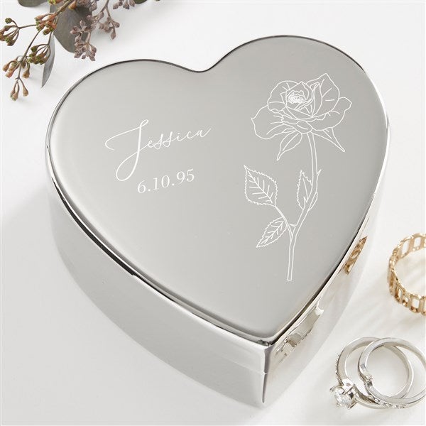 Personalized Silver Heart Keepsake - Birth Month Single Flower - 41268