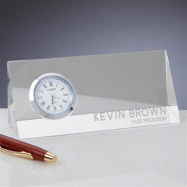 Bold Style Office Engraved Crystal Desk Clock Name Plate  - 41522