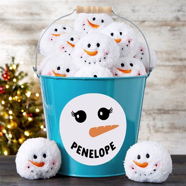 Smiling Snowman Personalized Snowball Fight Metal Bucket  - 42979