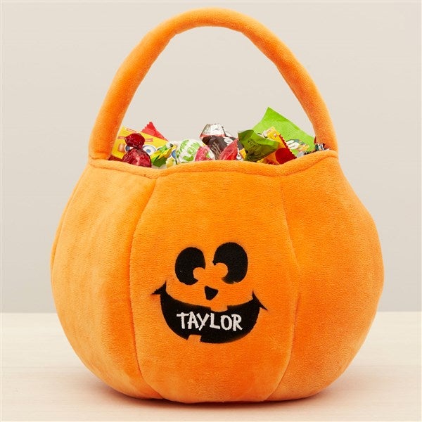 Jack-o&#39;-Lantern Faces Embroidered Plush Halloween Treat Bag - 43335