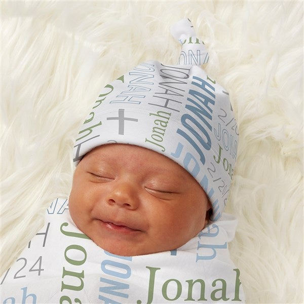 Christening Day For Him Personalized Baby Top Knot Hat  - 43692