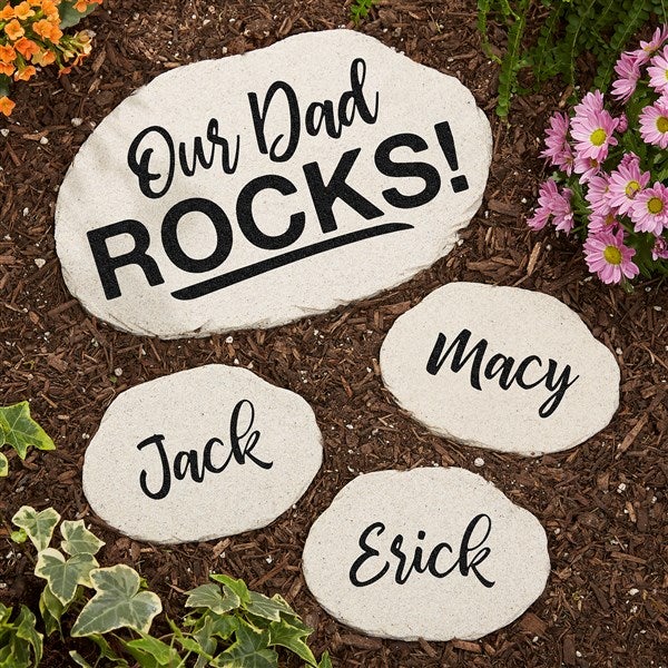 Our Dad Rocks Personalized Round Garden Stone 4.25" x 6"