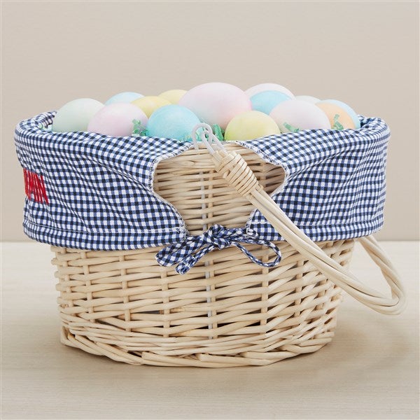 Bunny Name Embroidered Willow Easter Basket Navy Check