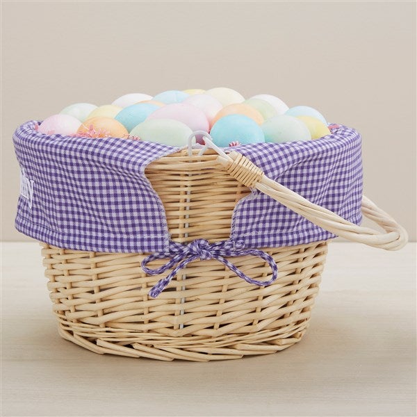 Bunny Name Embroidered Willow Easter Basket Purple Check