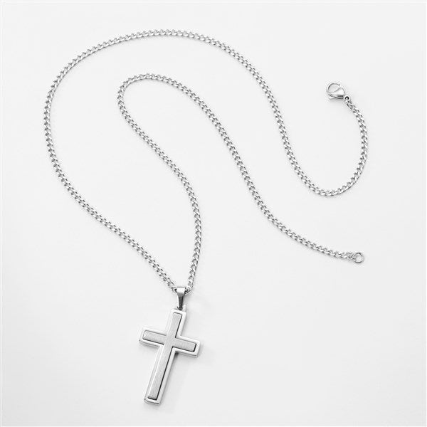 Engraved Two Tone Brushed Stainless Cross Necklace