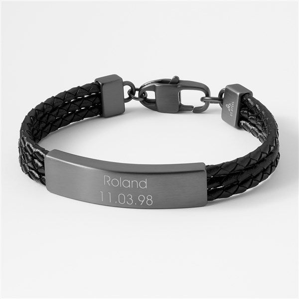 Engraved Triple Black Leather with Satin Gunmetal ID Bracelet - 46189