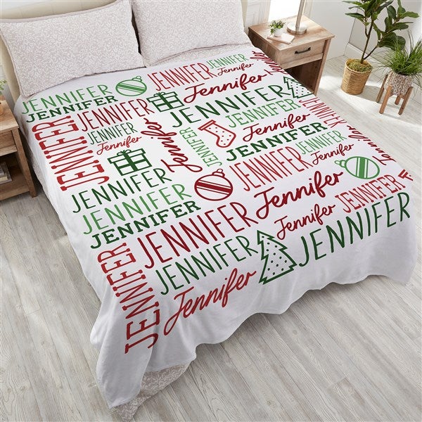 Holiday Repeating Name Personalized Plush Fleece Blanket Queen