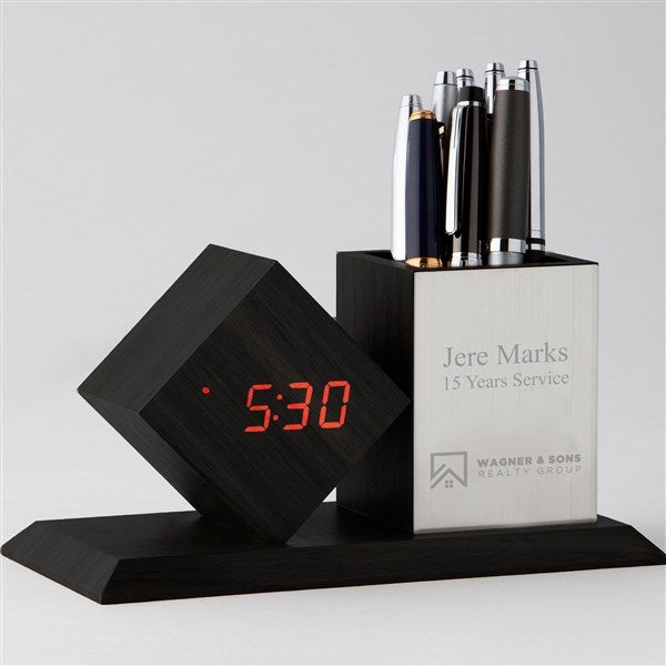 Personalized Logo Grey Digital Desk Clock and Organizer  - 46692