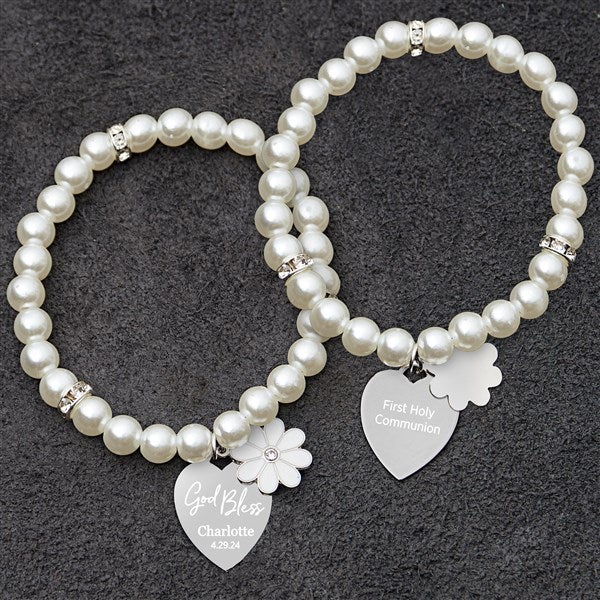 God Bless Personalized Faux Pearl Flower Heart Bracelet  - 47329
