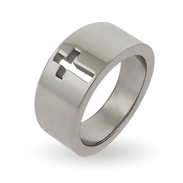 Men's Engraved Cut Out Cross Message Band Ring - 48034D