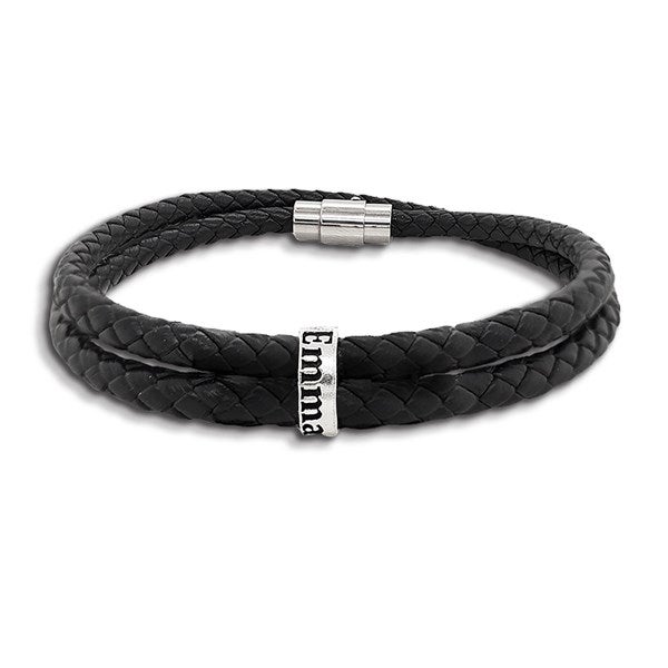 Men&#39;s Custom Name Black Leather Bracelet - 48147D