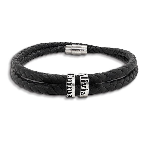 Men's Custom Name Black Leather Bracelet  - 48147D