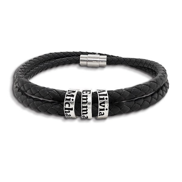 Men's Custom Name Black Leather Bracelet  - 48147D