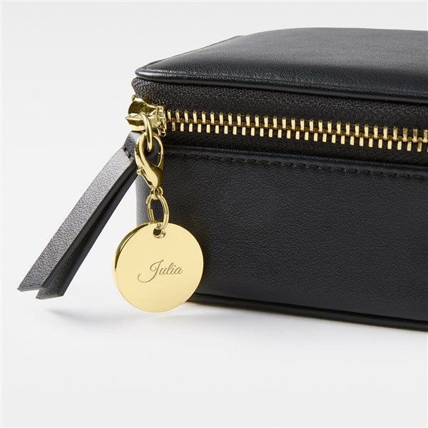Engraved Black Leather Travel Jewelry Case with Charm