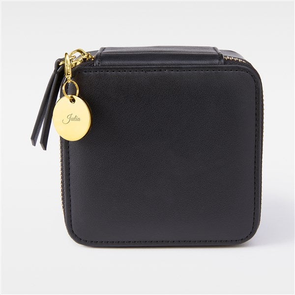 Engraved Black Leather Travel Jewelry Case with Charm