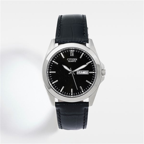 Engraved Logo Citizen Milestone Quartz Black Leather & Silver Watch - 48254