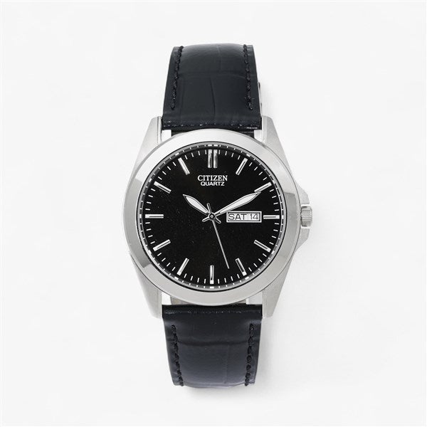 Engraved Logo Citizen Milestone Quartz Black Leather & Silver Watch - 48254